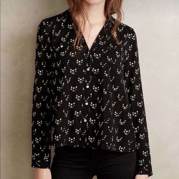 Anthropologie conversationalist 52 small cat button down twee black small 4 xs - Picture 1 of 4